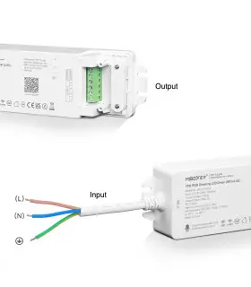 Image showing the dimensions and input-output connections of the MiBoxer 75W RGBW dimming LED driver.