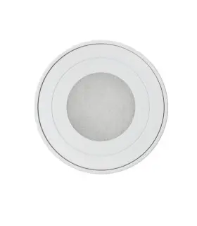 Front view of a white round surface-mounted downlight, showing the central light diffuser.