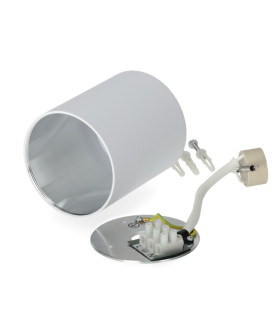 Disassembled white surface-mounted downlight, with internal wiring and mounting components visible for installation.