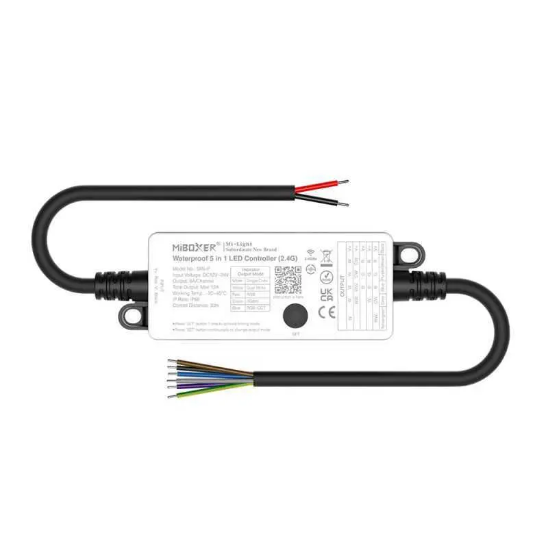 MiBoxer SR5-P Waterproof 5-in-1 LED Controller with black wires and labelled details.