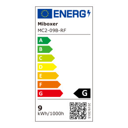 Energy efficiency label for the MiBoxer MC2-09B-RF pendant light, rated G with 9 kWh/1000h.