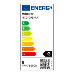 Energy efficiency label for the MiBoxer MC2-09B-RF pendant light, rated G with 9 kWh/1000h.