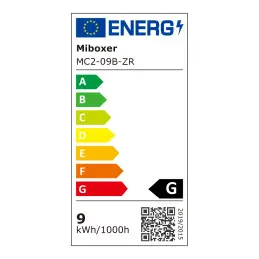 Energy efficiency label for MiBoxer MC2-09B-ZR, rated G, showing 9 kWh/1000h energy consumption.