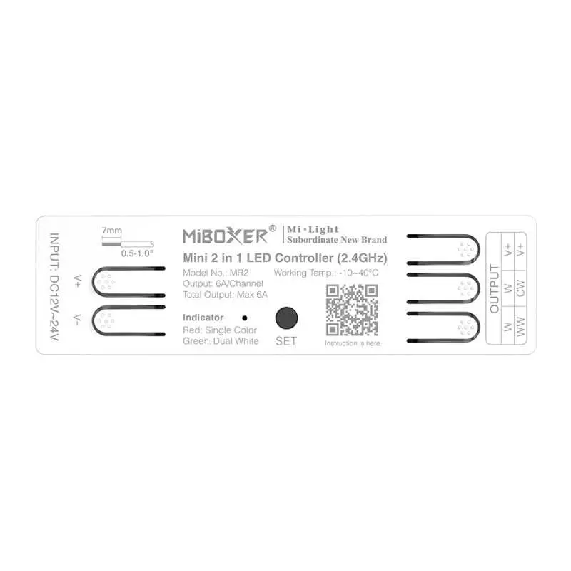 Top view of MiBoxer MR2 Mini 2-in-1 LED Controller showing input and output terminals, model details, and QR code.