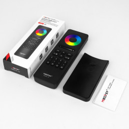 MiBoxer C5 remote control with packaging, protective cover, and instruction manual displayed.