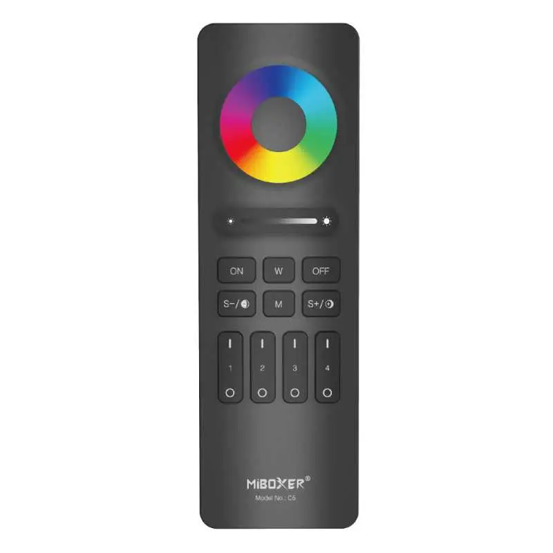 MiBoxer C5 remote control, sleek black design, featuring a circular RGB colour wheel and control buttons.