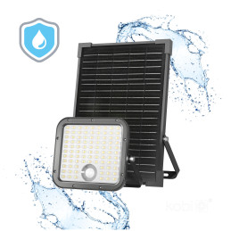 Solar LED MHCS 30W 2CCT premium with water-resistant design shown with splashes for durability.