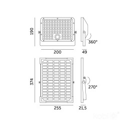 Technical dimensions of the Solar LED MHCS 30W 2CCT premium solar panel and LED lamp.