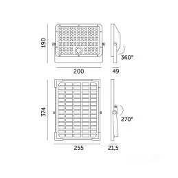 Technical dimensions of the Solar LED MHCS 30W 2CCT premium solar panel and LED lamp.