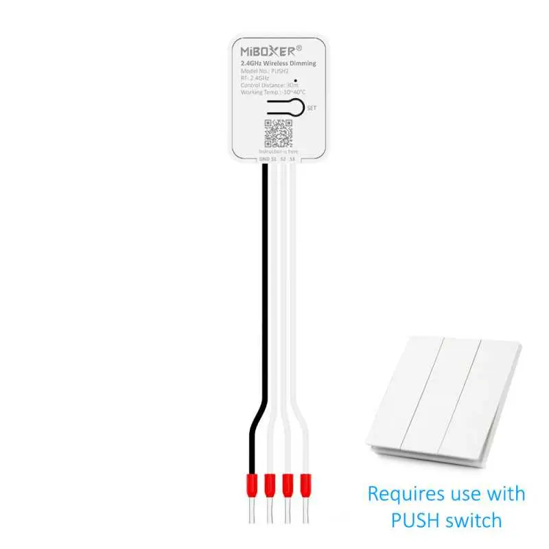 MiBoxer PUSH2 2.4GHz wireless dimming module with wiring cables and requires use with a PUSH switch.