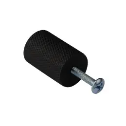 Matte black furniture knob with screw angled diagonally.