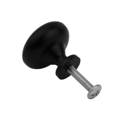 Matte black round knob with screw, angled view