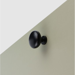 Matte black round knob on olive-green surface