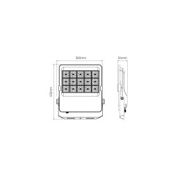 Technical dimensions of LED floodlight, 360mm width, 412mm height, 54mm depth