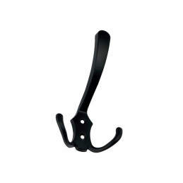 Angled view of a black metal coat hook on a white background.