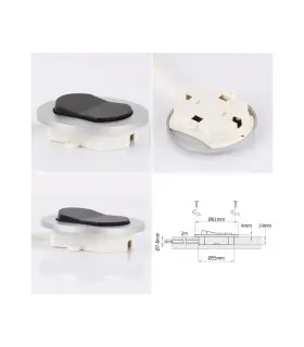 Various angles of the recessed furniture switch WM230 with technical diagram.