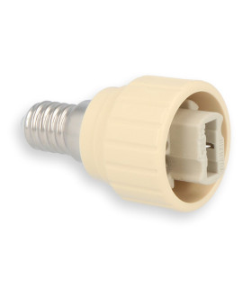 Angled view of the LED Line® E14 to G9 lamp socket converter with a cream-coloured socket and metallic base.