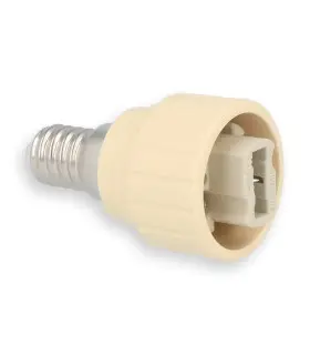 Angled view of the LED Line® E14 to G9 lamp socket converter with a cream-coloured socket and metallic base.