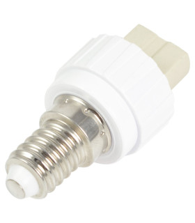 Angled view of the LED Line® E14 to G9 lamp socket converter with a cream-coloured socket and metallic base.