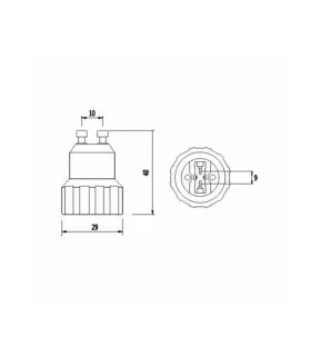 Technical diagram of the LED Line® GU10 to G9 lamp socket converter showing dimensions and socket layout.