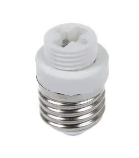 Close-up of the Max-LED E27 to G9 lamp socket converter, featuring a white plastic body and metal screw base.