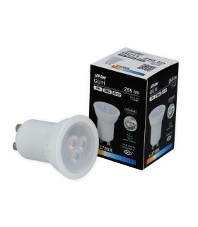 LED Line GU11 Ceramic LED Spotlight Bulb SMD 3W with packaging, showcasing the product in a sleek black box.