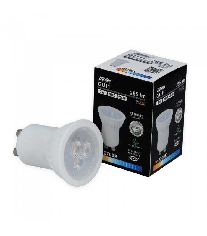 Side view of the LED Line GU11 Ceramic LED Spotlight Bulb SMD 3W with packaging, highlighting the bulb’s design and packaging.