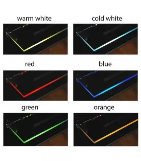 Six colour variations of LED light strips for glass shelving, displaying warm white, cold white, red, blue, green, and orange.