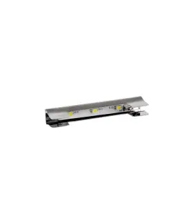 Stainless steel single-colour LED clip for glass shelving, featuring a sleek design for illuminating glass surfaces.