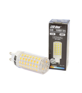 Image of the LED Line G9 Ceramic LED light bulb 12W next to its packaging, showing the bulb's design with visible LEDs.