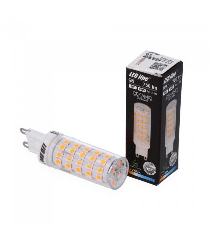 LED line® G9 ceramic LED light bulb SMD 8W next to its retail packaging.