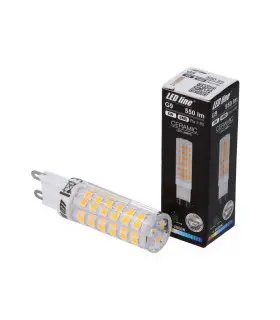 LED line® G9 ceramic LED light bulb SMD 4W with packaging displayed at an angle.