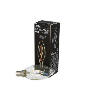 Packaged LED line® E14 candle bulb with filament design, ready for retail.