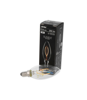 Packaged LED line® E14 candle bulb with filament design, ready for retail.