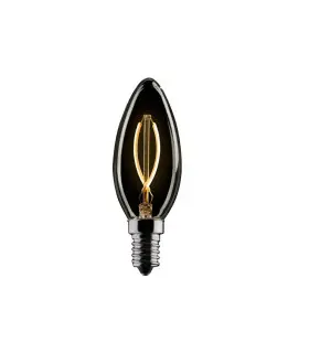 Black LED filament candle bulb with E14 base, designed in a classic candle shape.