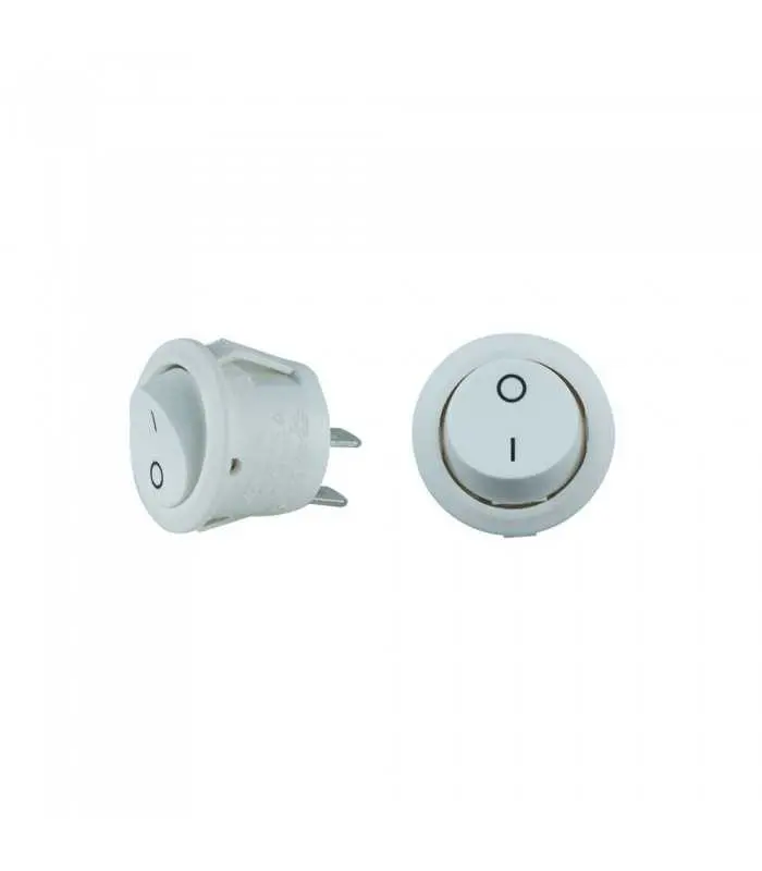 White round rocker switch with on/off symbols, front and side views.