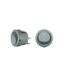 Grey round rocker switch with on/off symbols, front and side views.