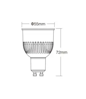 A diagram showing the dimensions of the MiBoxer 6W GU10 RGB+CCT LED Spotlight, with a 50mm diameter and 57mm height