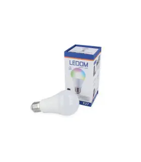 LEDOM E27 Smart LED Bulb A60 10W displayed alongside its packaging box with product features.