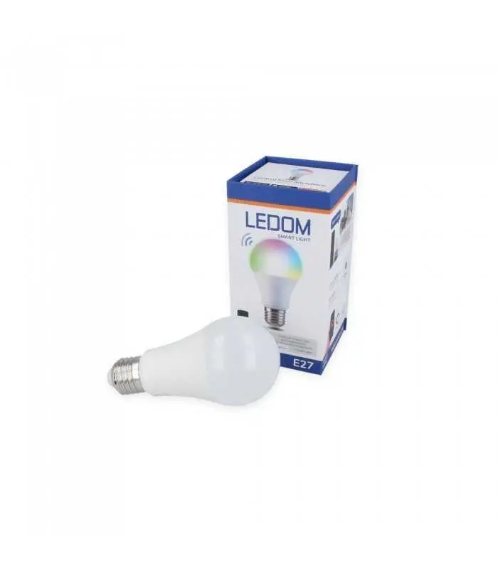 LEDOM E27 Smart LED Bulb A60 10W displayed alongside its packaging box with product features.