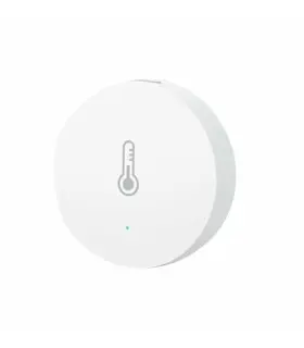 Zigbee temperature and humidity sensor front view with a simple white design.