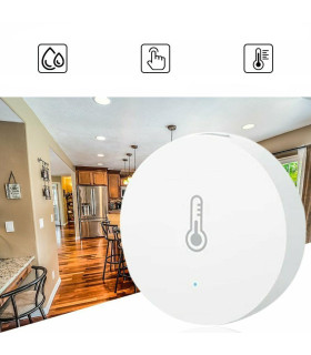 Zigbee temperature and humidity sensor placed in a modern home interior.