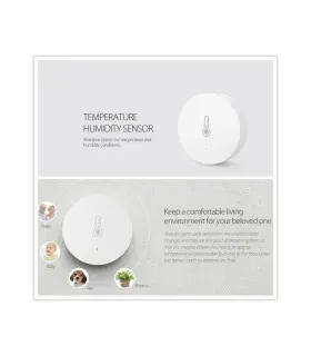 Zigbee temperature and humidity sensor with a sleek round design and white housing.