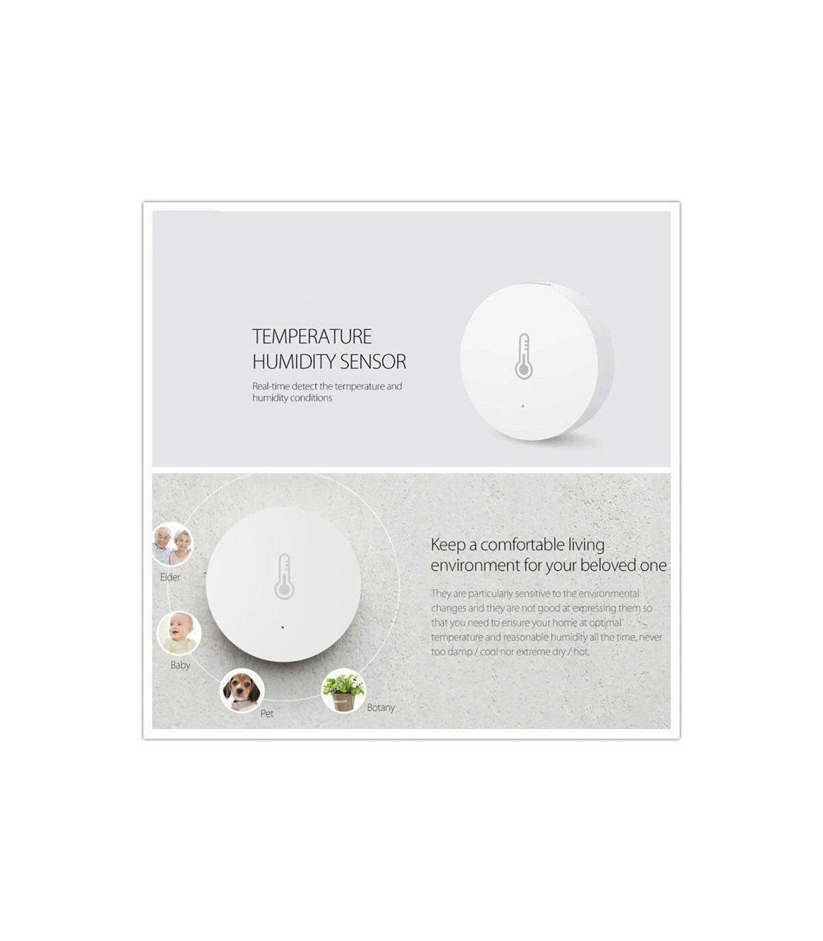 Zigbee temperature and humidity sensor with a sleek round design and white housing.