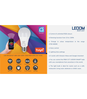 LEDOM E27 Smart LED Bulb with Tuya app compatibility for smart lighting control, shown with its box and mobile app interface.