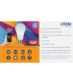 LEDOM E27 Smart LED Bulb with Tuya app compatibility for smart lighting control, shown with its box and mobile app interface.