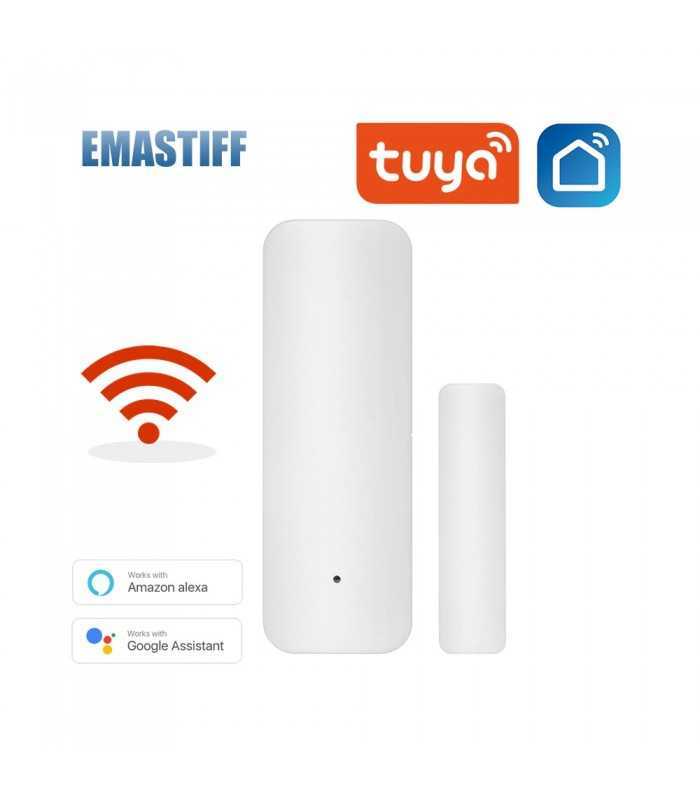 Tuya Smart Wi-Fi door and window sensor with logos of Tuya, Smart Life, and Wi-Fi connectivity displayed.