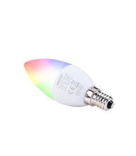 MiBoxer FUT108 LED candle light bulb displaying full RGB+CCT colour mode in operation.