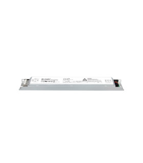 Straight frontal view of a rectangular panel light driver, featuring a slim profile and white casing.