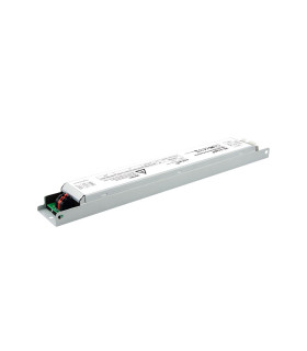 Long, slim rectangular panel light driver with a white surface and visible electronic components on one end.